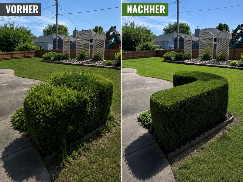 Formschnitt an einer Buchsbaumhecke, vorher stark ausgetrieben und unregelmäßig, nachher in klarer Form mit sauberer Kante zum Weg